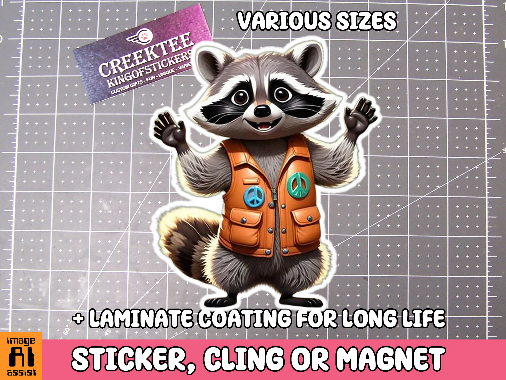 Raccoon in Vest Die Cut Vinyl Sticker  Window Cling or Magnet with Laminate Coating in Various Sizes