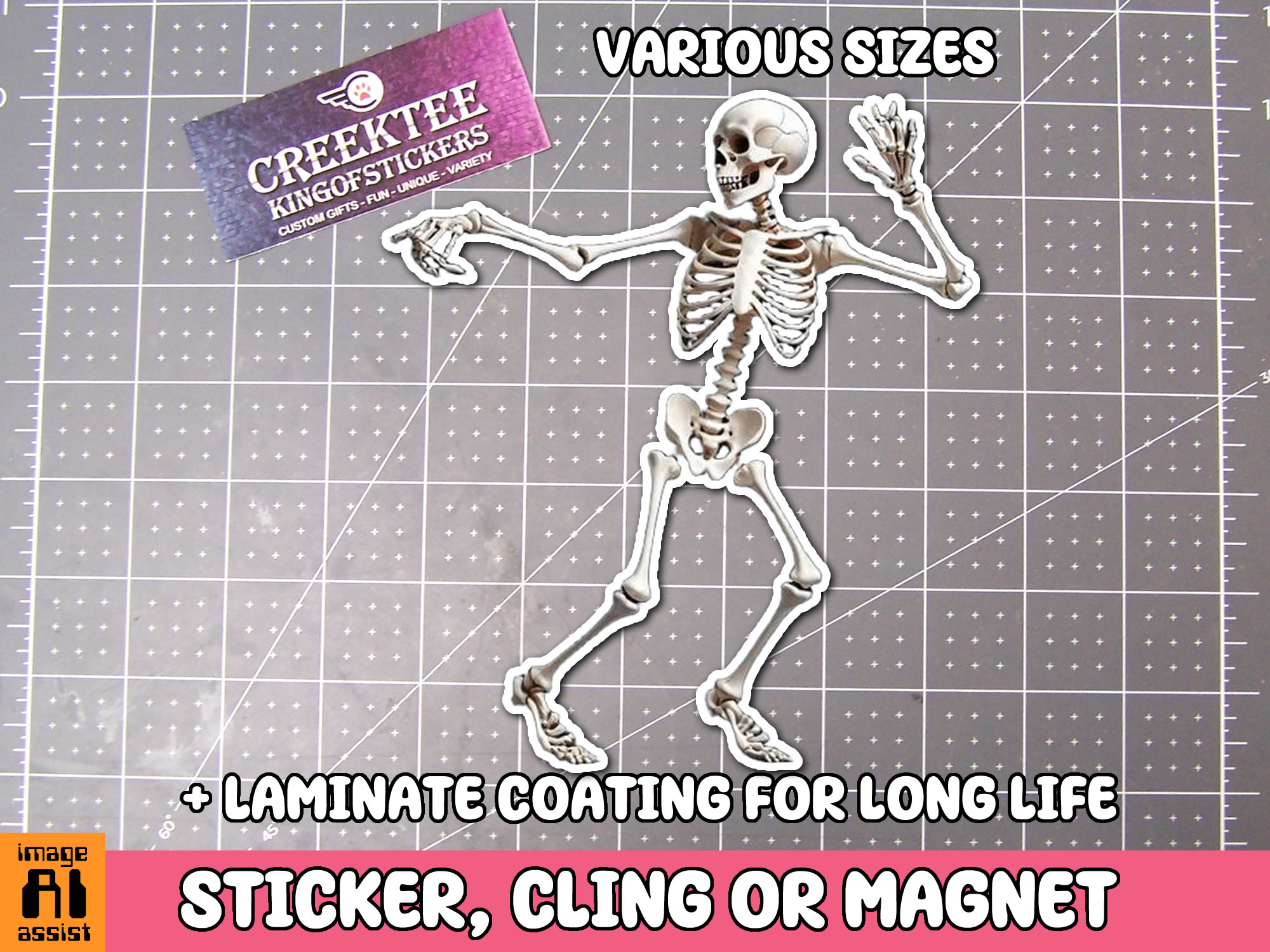 Skeleton Dancing Die Cut Vinyl Sticker  Window Cling or Magnet with Laminate Coating in Various Sizes