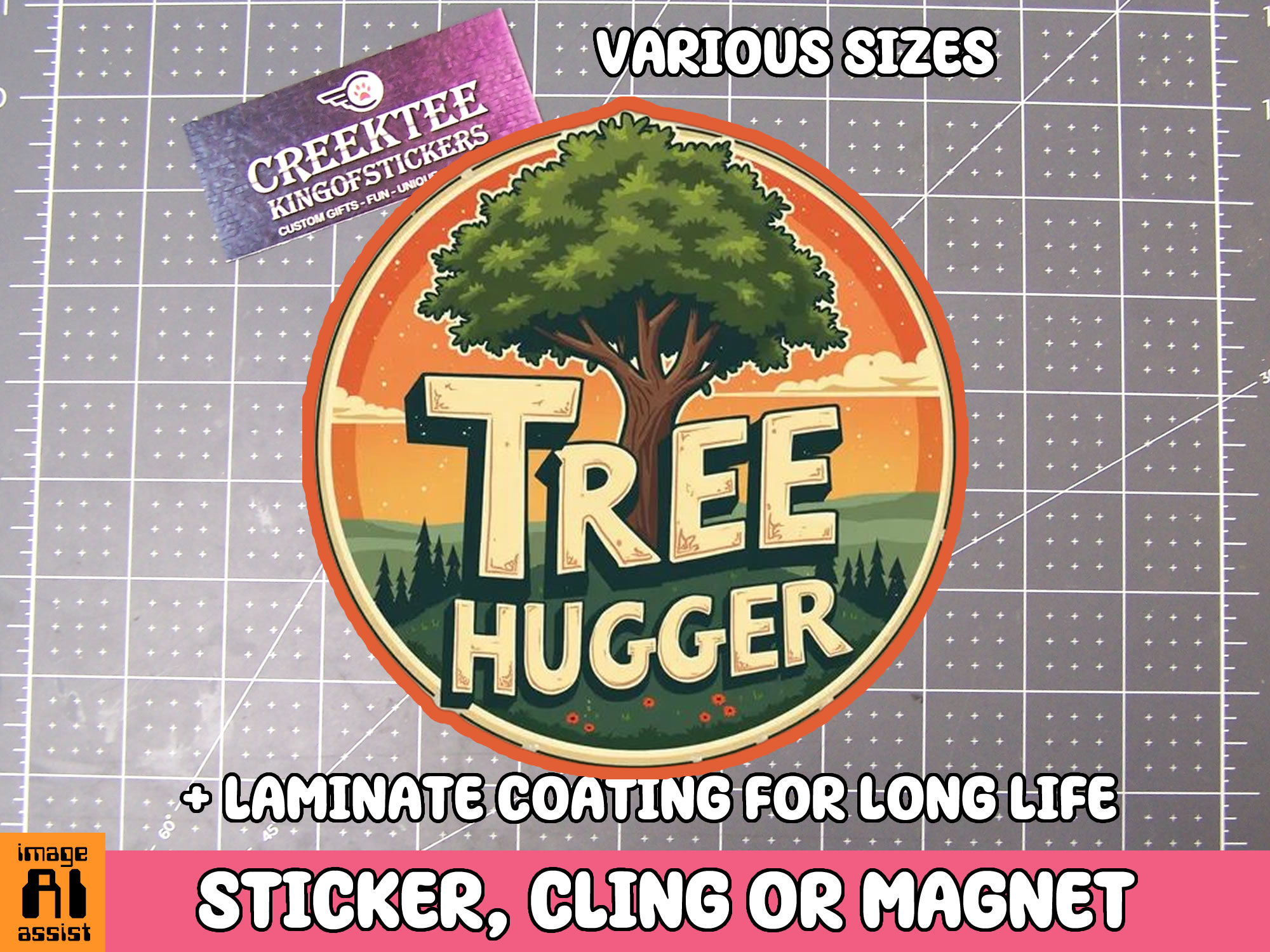 Tree Hugger Die Cut Vinyl Sticker  Window Cling or Magnet with Laminate Coating in Various Sizes
