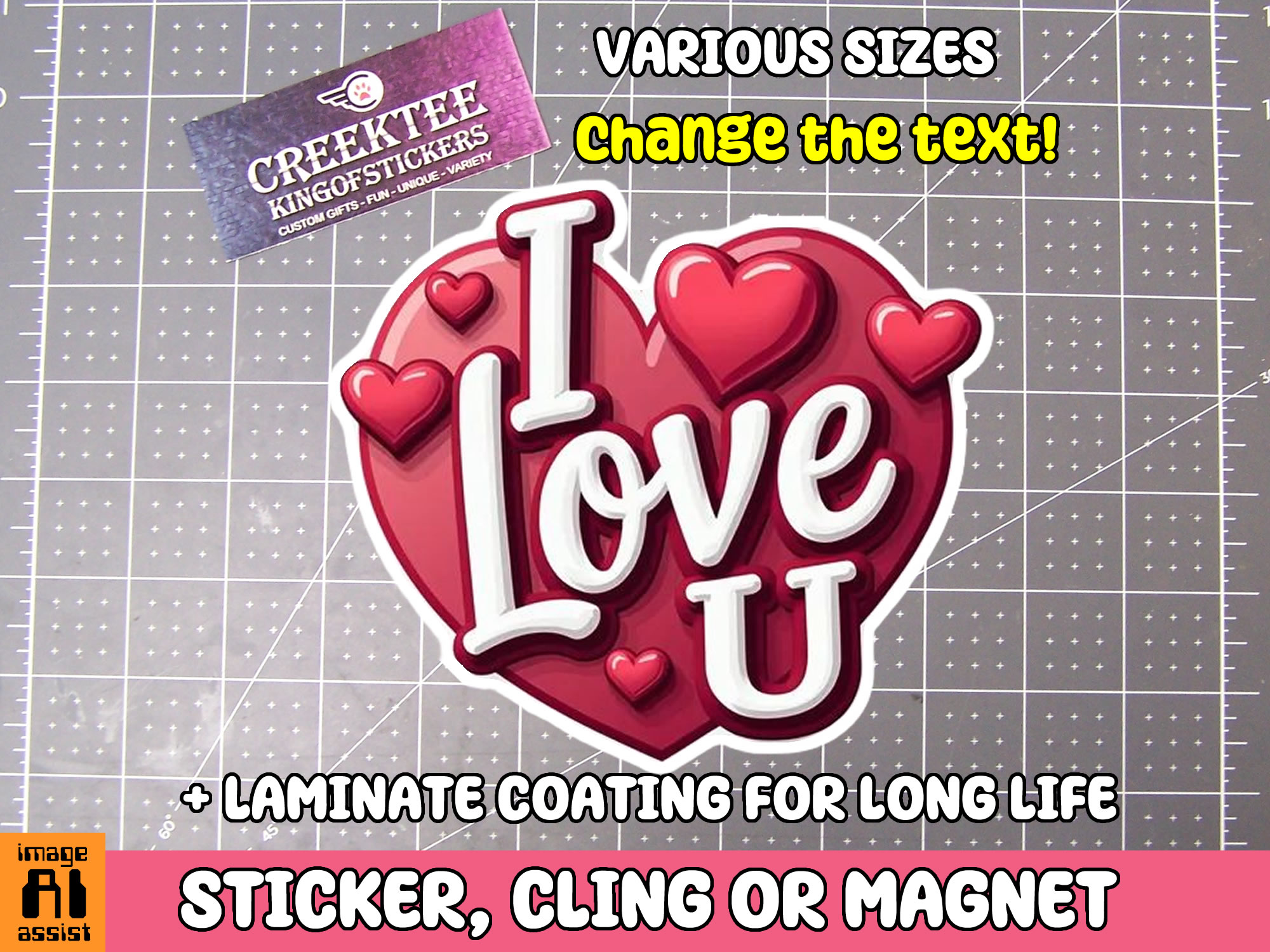 I Love You Die Cut Vinyl Sticker  Window Cling or Magnet with Laminate Coating in Various Sizes