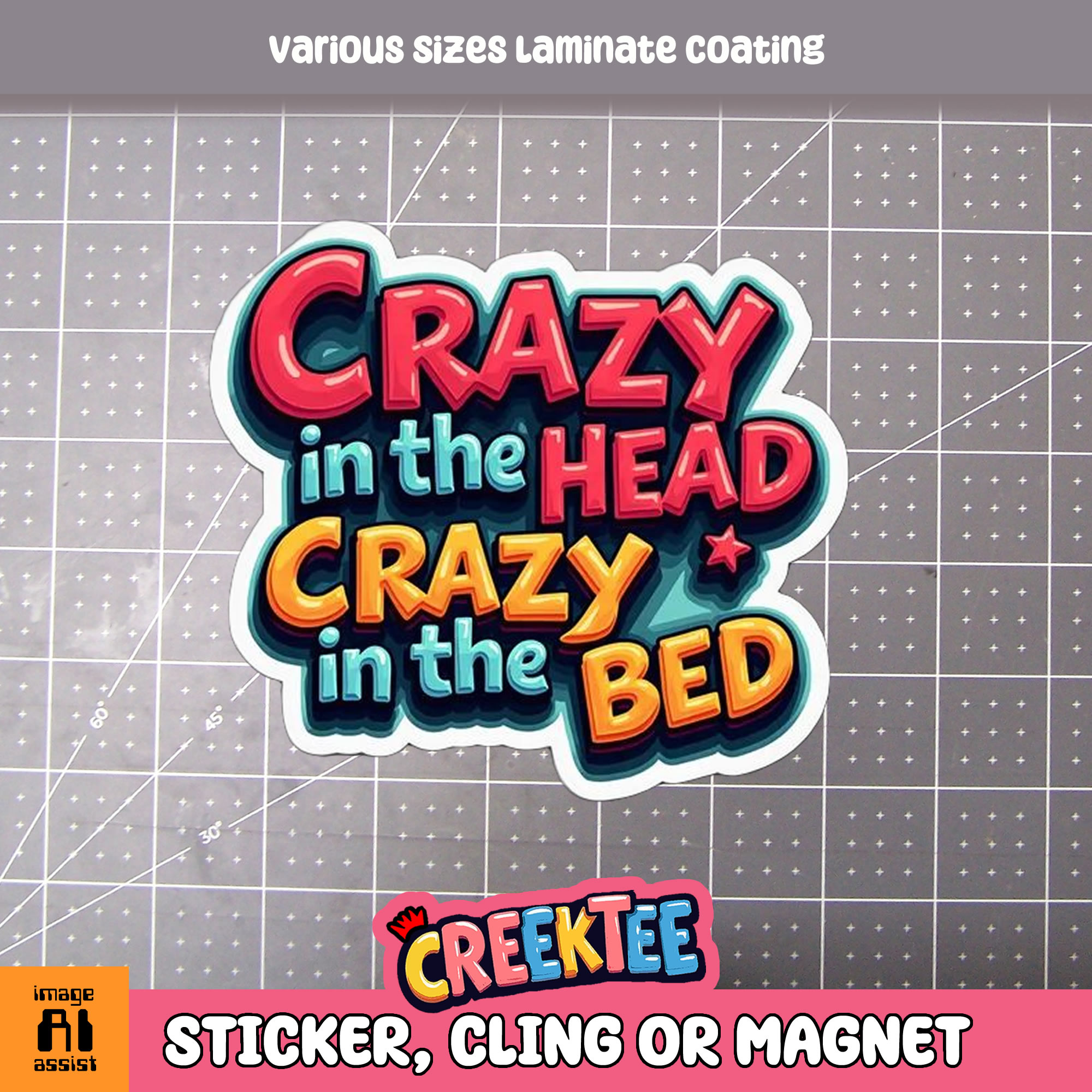 Crazy in the Head  Crazy in the Bed Die Cut Vinyl Sticker  Window Cling or Magnet with Laminate Coating in Various Sizes