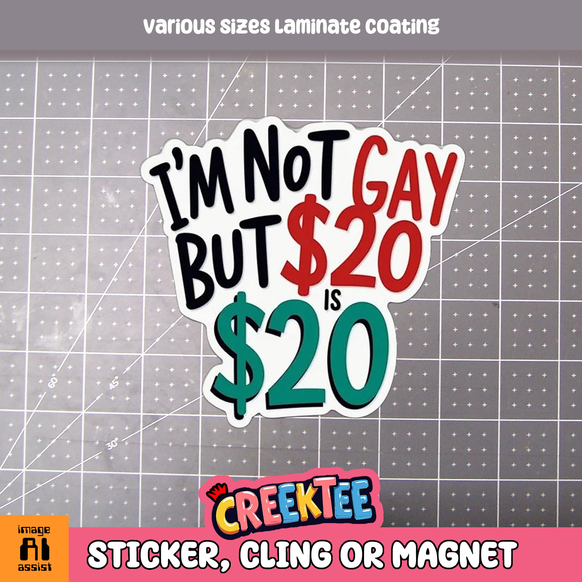I m not Gay but  20 is  20 Die Cut Vinyl Sticker  Window Cling or Magnet with Laminate Coating in Various Sizes