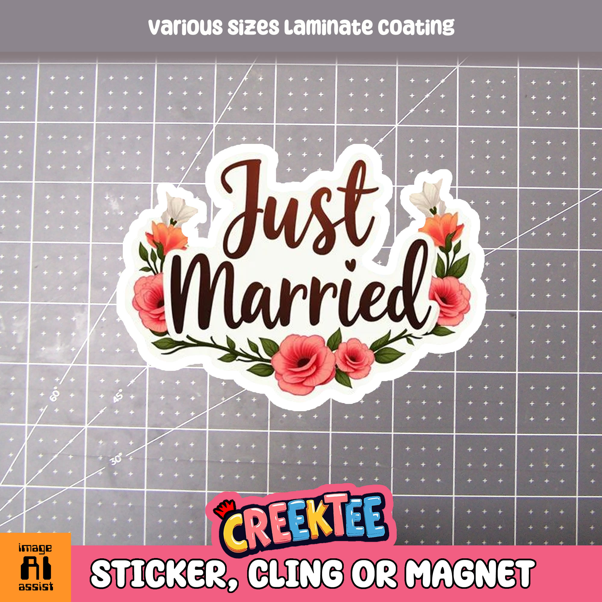 Just Married Die Cut Vinyl Sticker  Window Cling or Magnet with Laminate Coating in Various Sizes