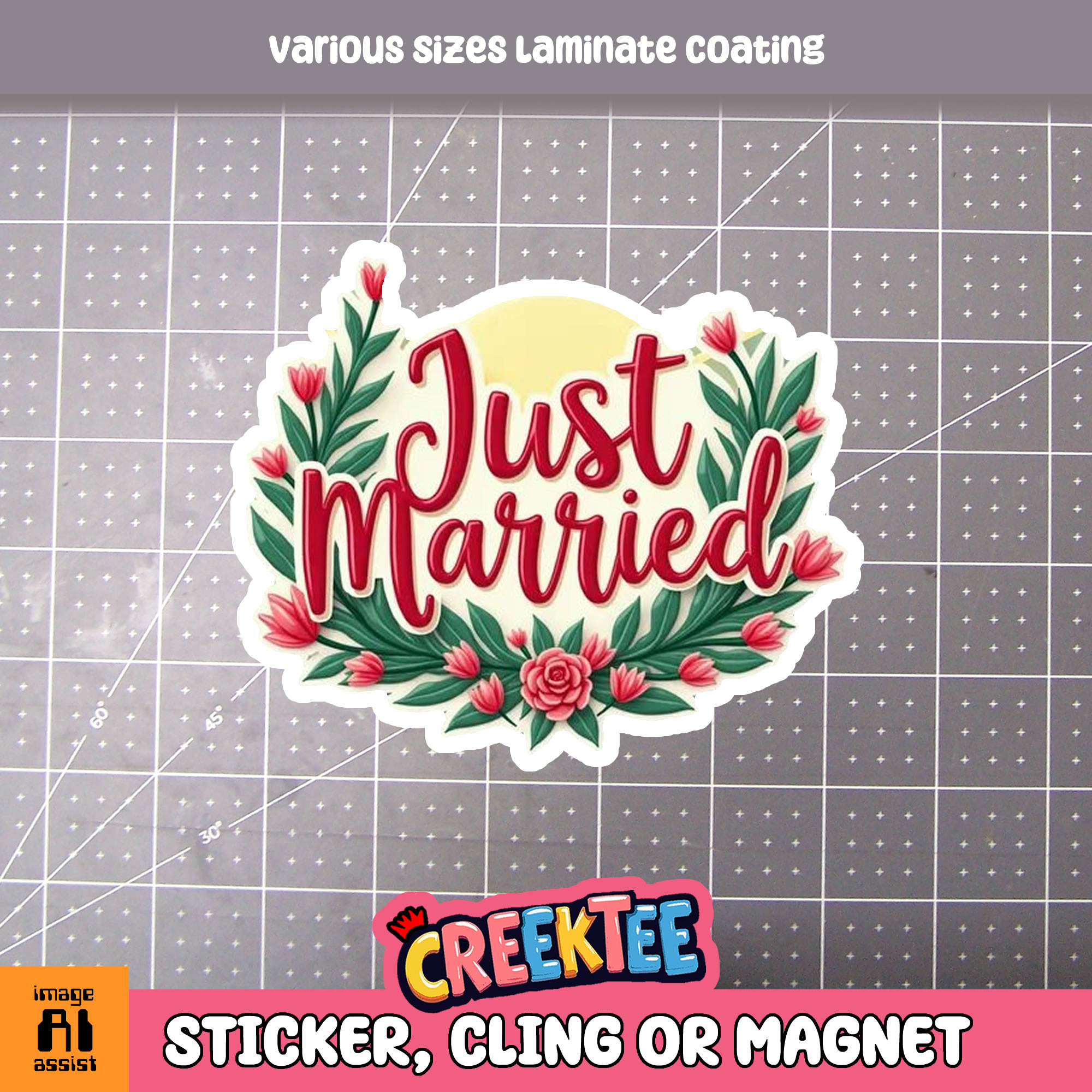 Just Married Die Cut Vinyl Sticker  Window Cling or Magnet with Laminate Coating in Various Sizes