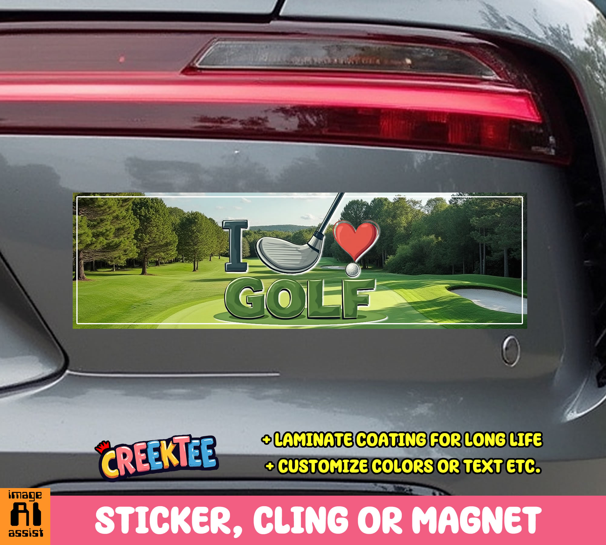 I Love Golf Vinyl Bumper Sticker  Window Cling or Magnet in UV Laminate Coating and Various Sizes
