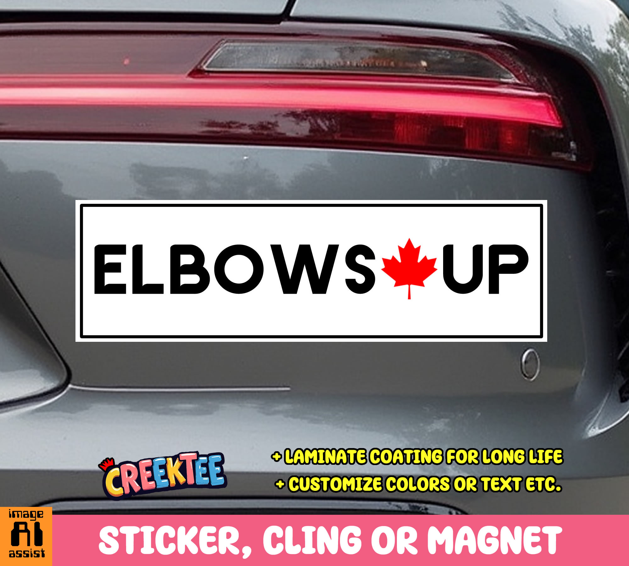 Elbows Up Canada Vinyl Bumper Sticker  Window Cling or Magnet in UV Laminate Coating and Various Sizes