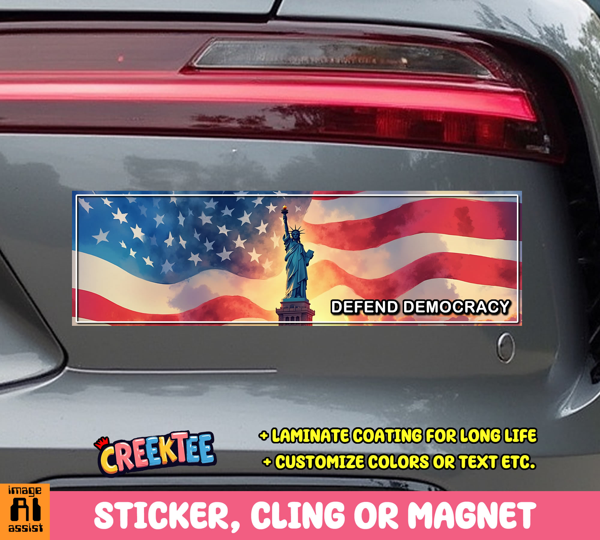 Defend Democracy Vinyl Bumper Sticker  Window Cling or Magnet in UV Laminate Coating and Various Sizes