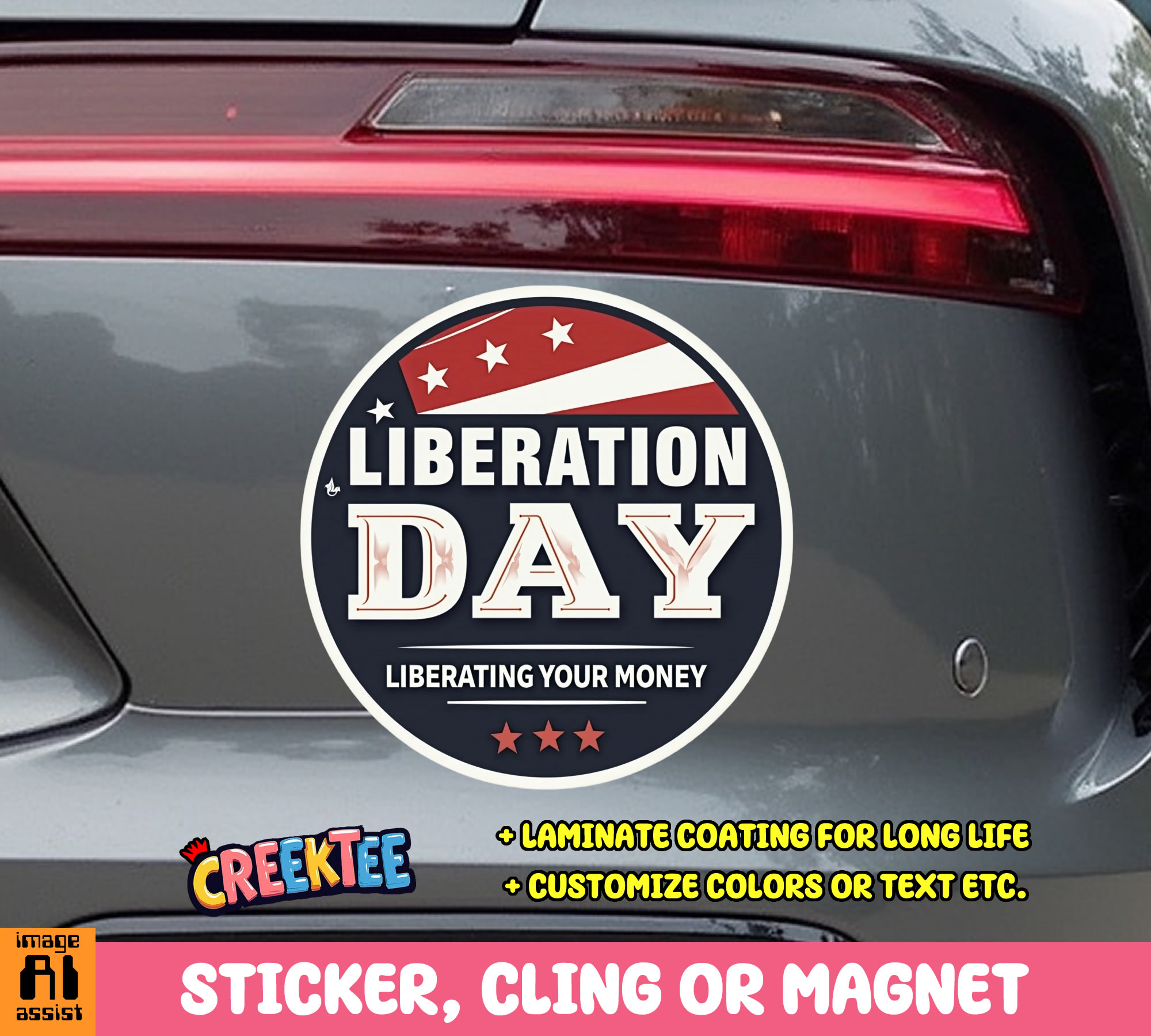 Liberation Day  Liberating your Money Vinyl Sticker  Window Cling or Magnet with Laminate Coating in Various Sizes