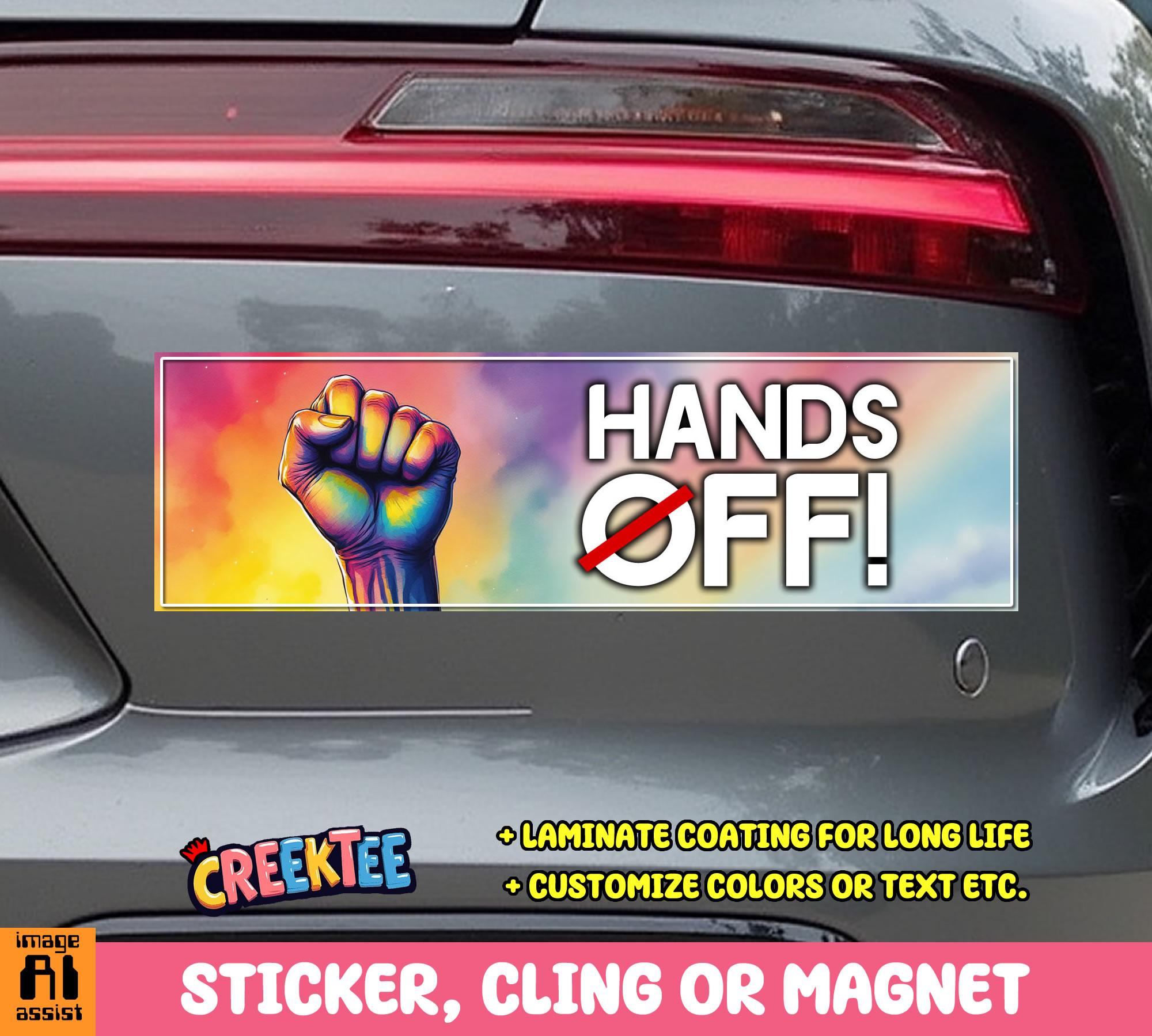 Hands Off  Vinyl Bumper Sticker  Window Cling or Magnet in UV Laminate Coating and Various Sizes