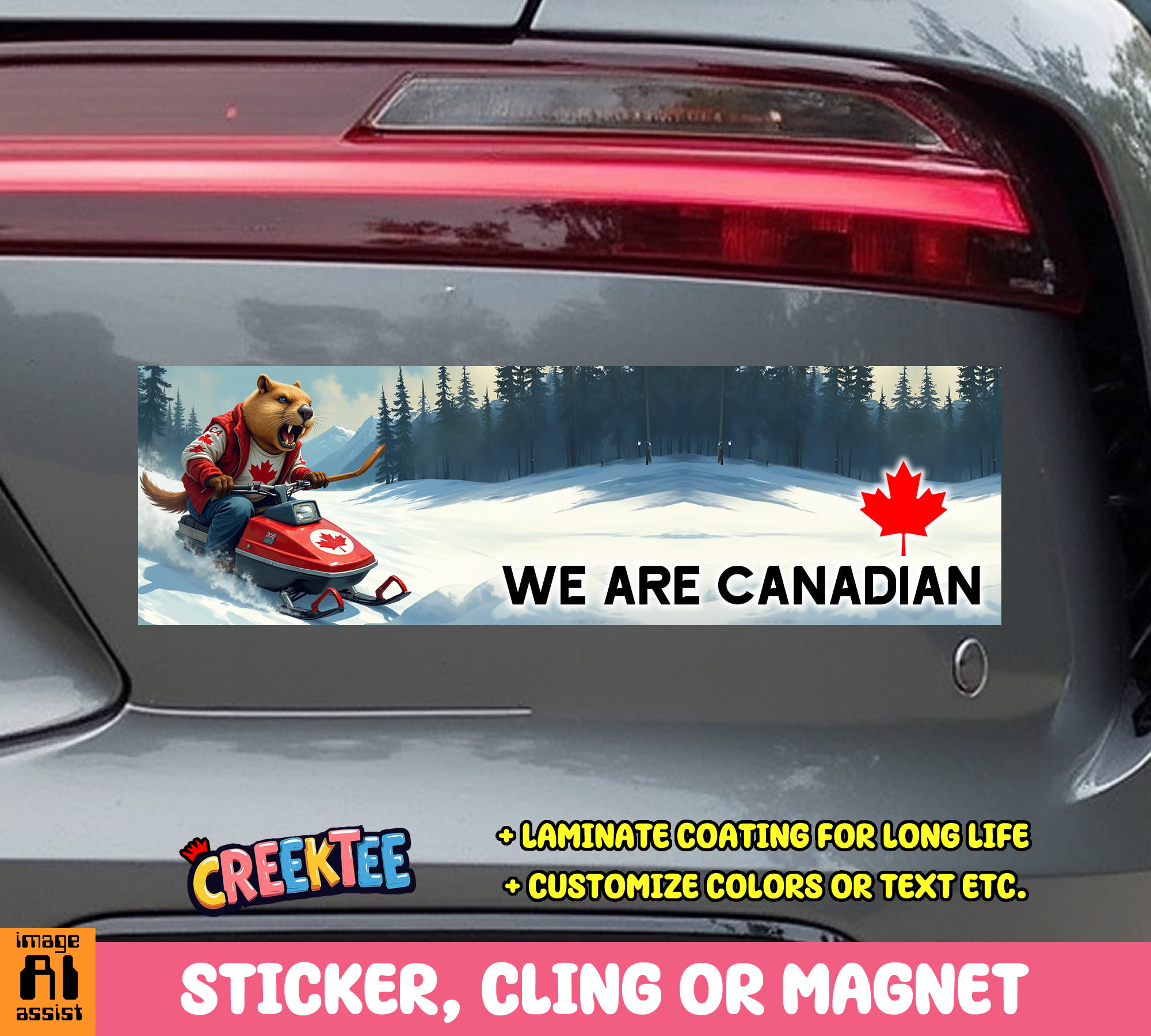 We Are Canadian Vinyl Bumper Sticker  Window Cling or Magnet in UV Laminate Coating and Various Sizes
