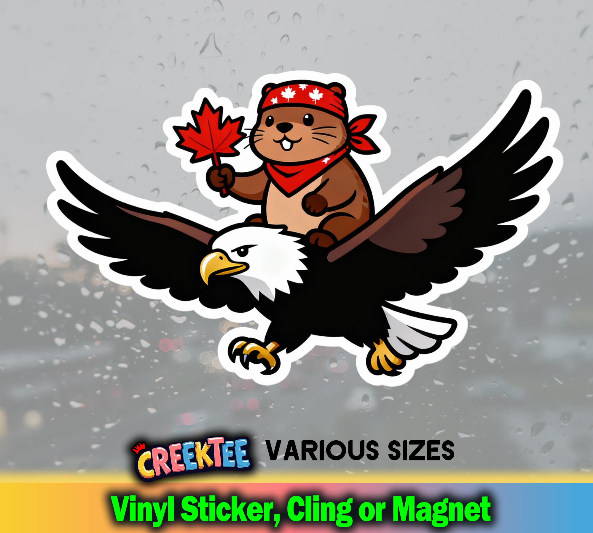 Canadian Beaver riding Bald Eagle Die Cut Vinyl Sticker  Window Cling or Magnet with Laminate Coating in Various Sizes